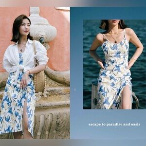 NWT Petite Studio NYC Faye Summer Blooms Floral Blue White Romantic Midi Dress